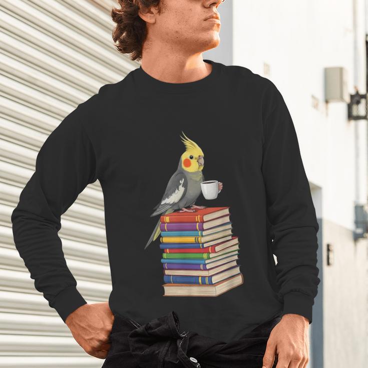 Bookworm Cockatiel Bird Reading Books Drinking Coffee Lover Unisex Long Sleeve T-Shirt