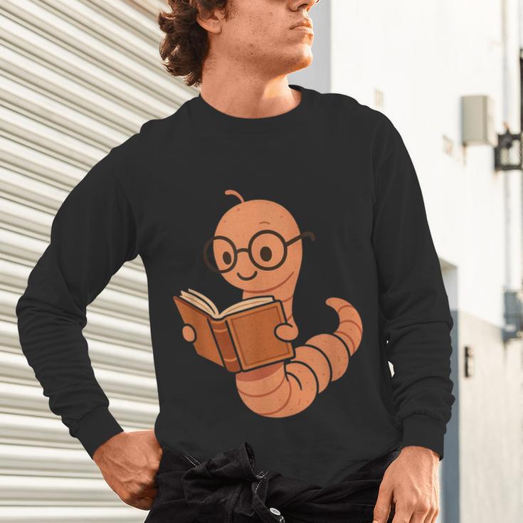 Cute Bookworm Worm Reading Book Glasses Nerdy Unisex Long Sleeve T-Shirt