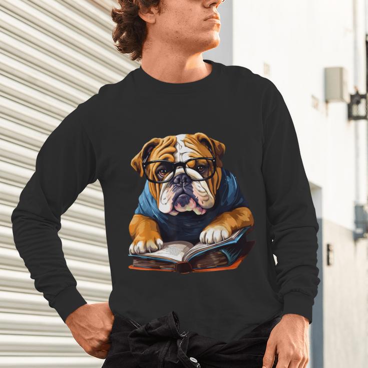 Cute Dog English Bulldog Reading Book Unisex Long Sleeve T-Shirt