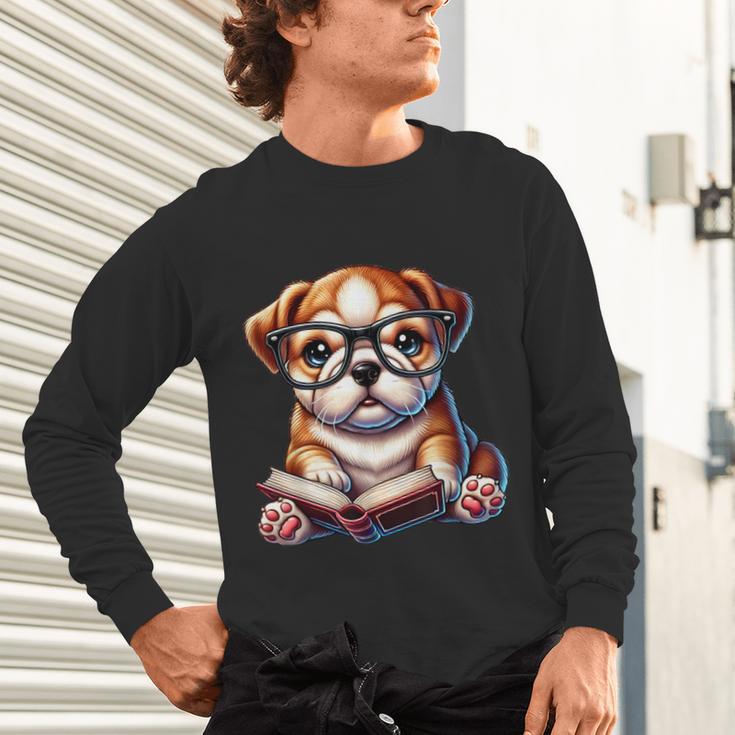 Cute Dog Puppy English Bulldog Reading Book Unisex Long Sleeve T-Shirt Cute Dog Puppy English Bulldog Reading Book Unisex Long Sleeve T-Shirt