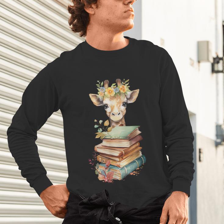 Cute Giraffe With Book Floral Bookworm Librarian Book Lover Unisex Long Sleeve T-Shirt
