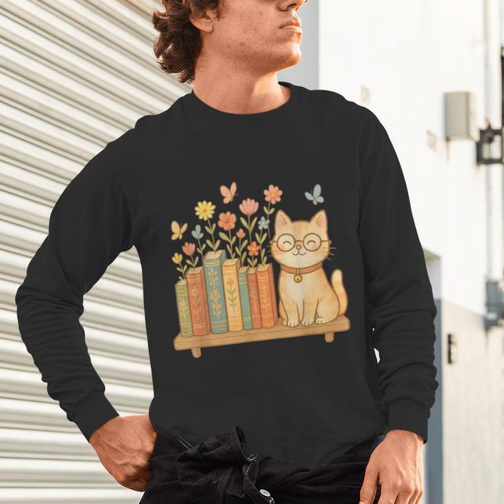 Cute Kawaii Cat Books Flowers Unisex Long Sleeve T-Shirt