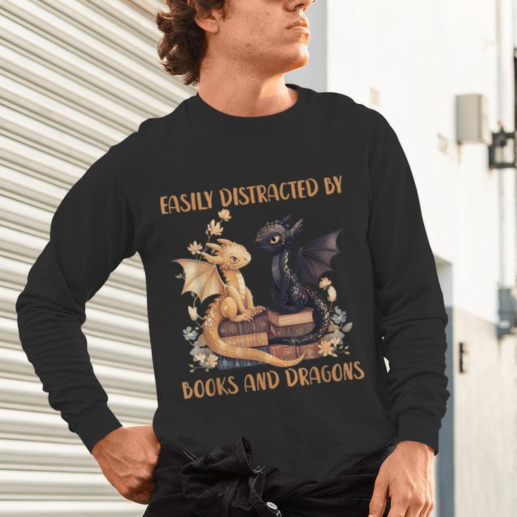 Easily Distracted By Books & Dragons Librarian Book Lover Unisex Long Sleeve T-Shirt