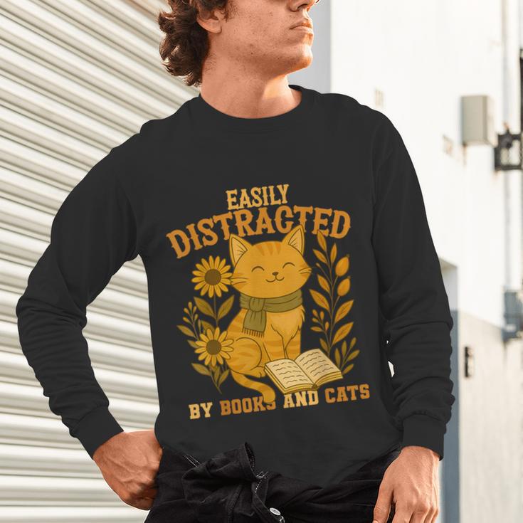 Easily Distracted By Cats And Books Cute Cat Book Lover Unisex Long Sleeve T-Shirt