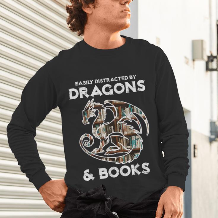Easily Distracted By Dragons Books Bookworm Women Men Kids Unisex Long Sleeve T-Shirt