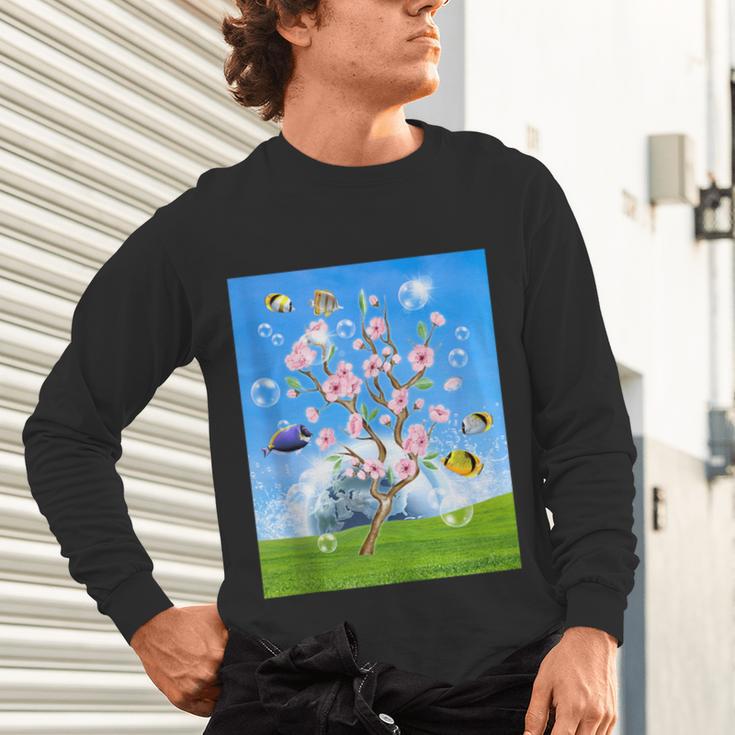 Frutiger Aero Aesthetic Tech Cherry Blossom Fishes Bubbles Unisex Long Sleeve T-Shirt Frutiger Aero Aesthetic Tech Cherry Blossom Fishes Bubbles Unisex Long Sleeve T-Shirt