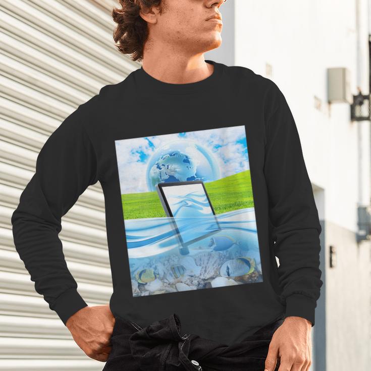 Frutiger Aero Aesthetic Tech Water Fishes Monitor Screen Unisex Long Sleeve T-Shirt Frutiger Aero Aesthetic Tech Water Fishes Monitor Screen Unisex Long Sleeve T-Shirt