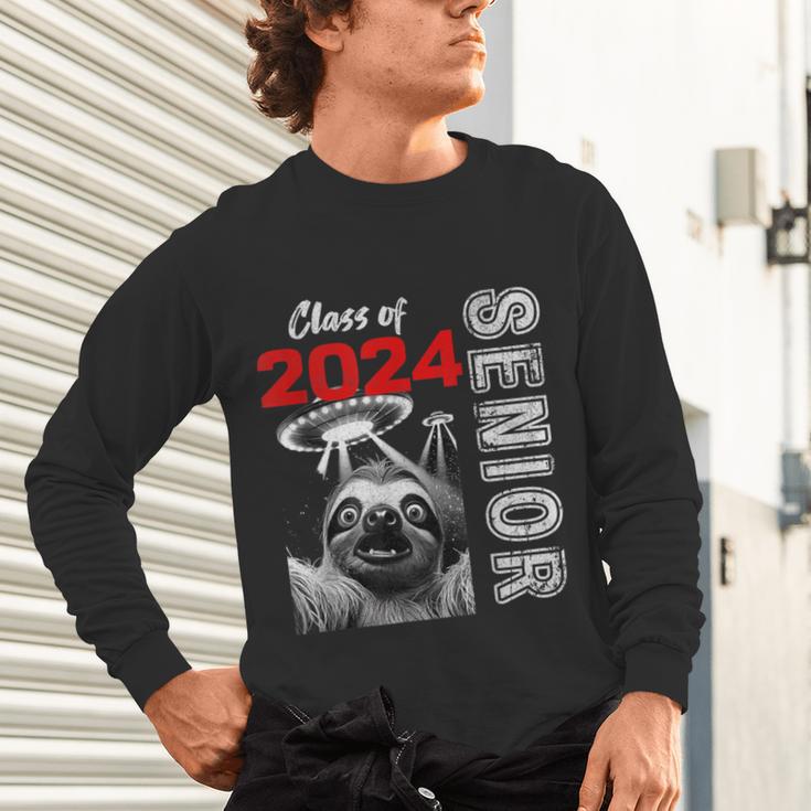 Fun Trendy UFO Sloth Graduation Class Of 2024 Senior Unisex Long Sleeve T-Shirt