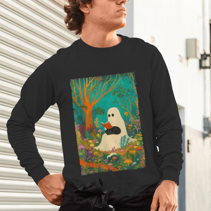 Groovy Ghost Reading Book Cat Halloween Ghost Teacher Unisex Long Sleeve T-Shirt