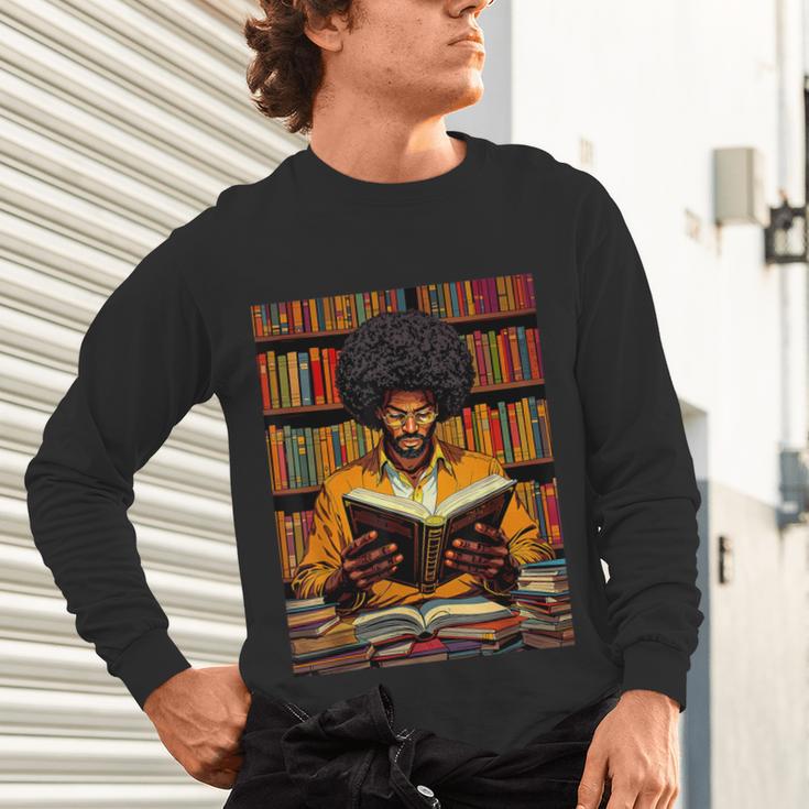 Man Reading Book Black History Month Book Lover Afro Unisex Long Sleeve T-Shirt