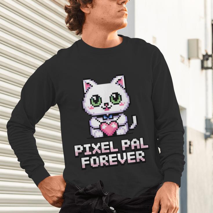 Pixel Art Pet Cat Y2K Retro Vintage Digital Nostalgia Tech Unisex Long Sleeve T-Shirt