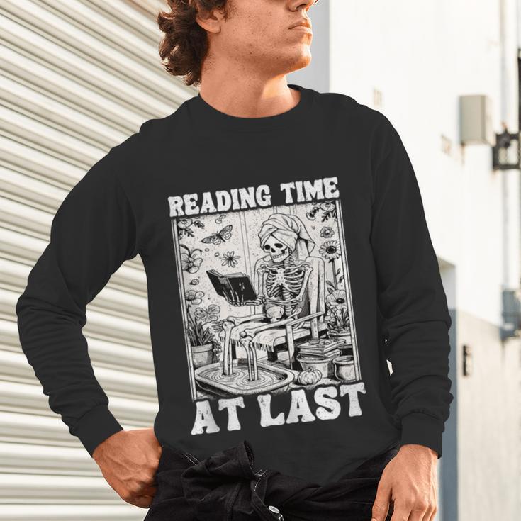 Reading Time At Last Book Lover Introvert Skeleton Reading Unisex Long Sleeve T-Shirt Reading Time At Last Book Lover Introvert Skeleton Reading Unisex Long Sleeve T-Shirt