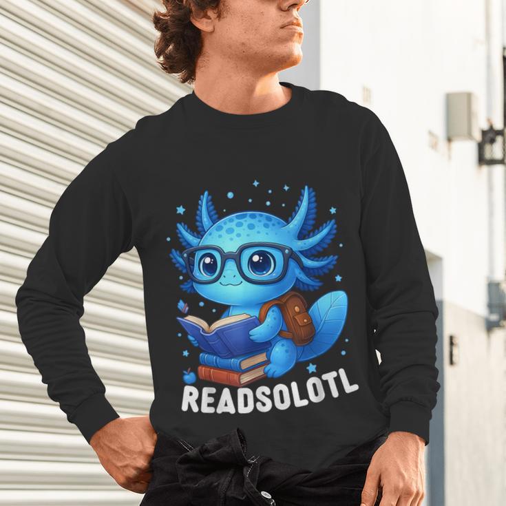 Readsolotl Blue Kawaii Axolotl Book Lover Reading Unisex Long Sleeve T-Shirt