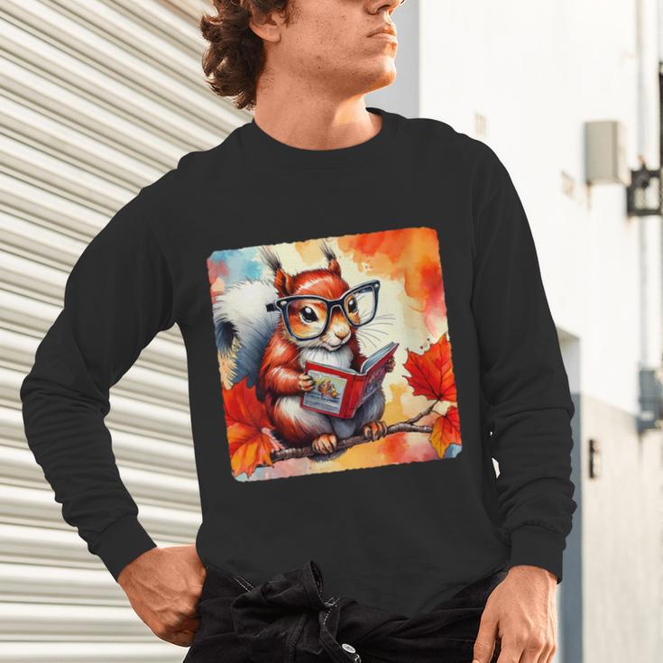 Squirrel Reading Comic Book On Autumn Branch Glasses Leaves Unisex Long Sleeve T-Shirt Squirrel Reading Comic Book On Autumn Branch Glasses Leaves Unisex Long Sleeve T-Shirt
