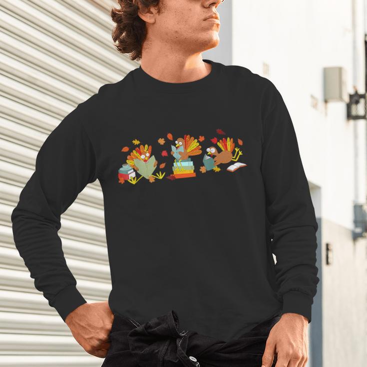 Turkey Reading Books Fall Thanksgiving Teacher Book Lovers Unisex Long Sleeve T-Shirt