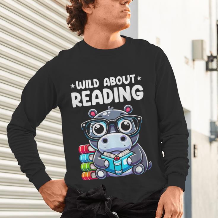 Wild About Reading Book Lover Hippo Unisex Long Sleeve T-Shirt