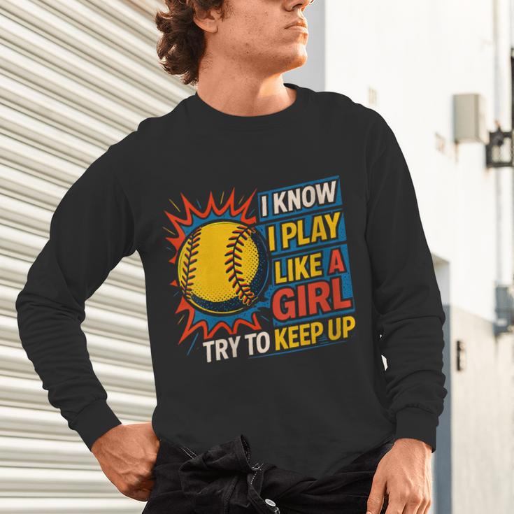 Women's Girls Softball Play Like A Girl Comic Book Pop Art Unisex Long Sleeve T-Shirt Women's Girls Softball Play Like A Girl Comic Book Pop Art Unisex Long Sleeve T-Shirt