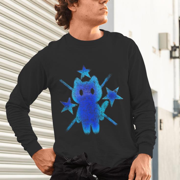 Yk2 Grunge Earthy Blue Cat With Stars Tomboy 90s Nostalgia Unisex Long Sleeve T-Shirt