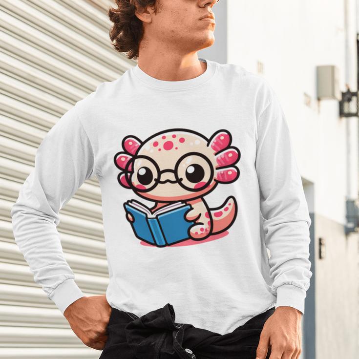 Adorable Book Lover Axolotl With Reading Glasses Cute Unisex Long Sleeve T-Shirt