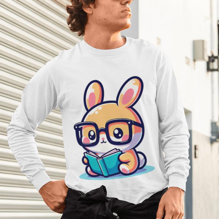 Adorable Book Lover Rabbit With Reading Glasses Cute Premium Unisex Long Sleeve T-Shirt