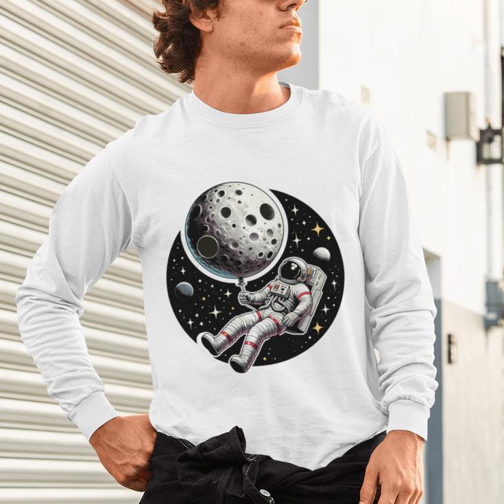 Astronaut Aesthetic Holding Moon Balloon Planets Introvert Unisex Long Sleeve T-Shirt