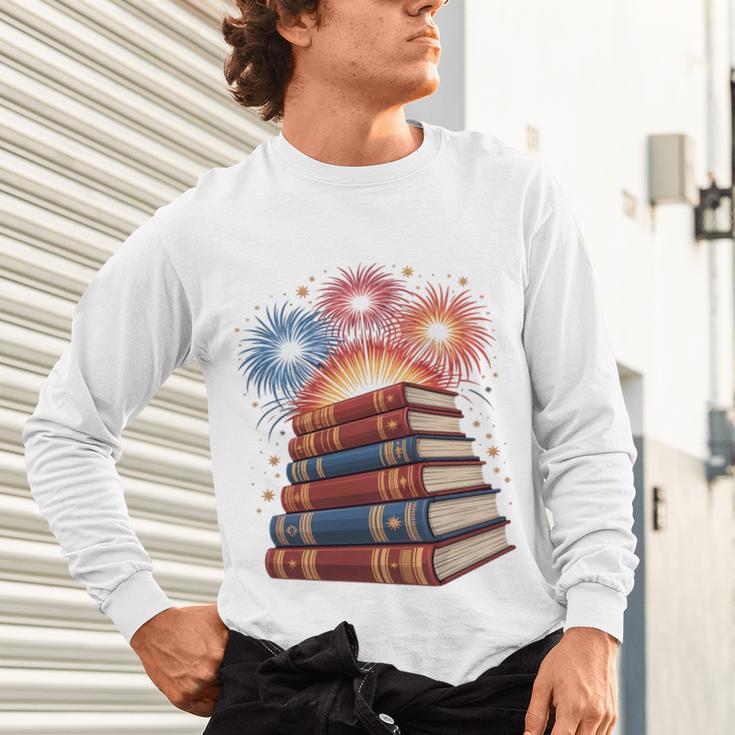 Books Fireworks 4th Of July Bookworm Patriotic Reader Unisex Long Sleeve T-Shirt
