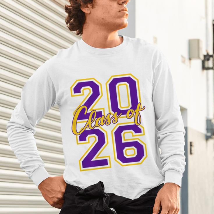 Class Of 2026 Graduation Varsity Purple Yellow On The Back Unisex Long Sleeve T-Shirt