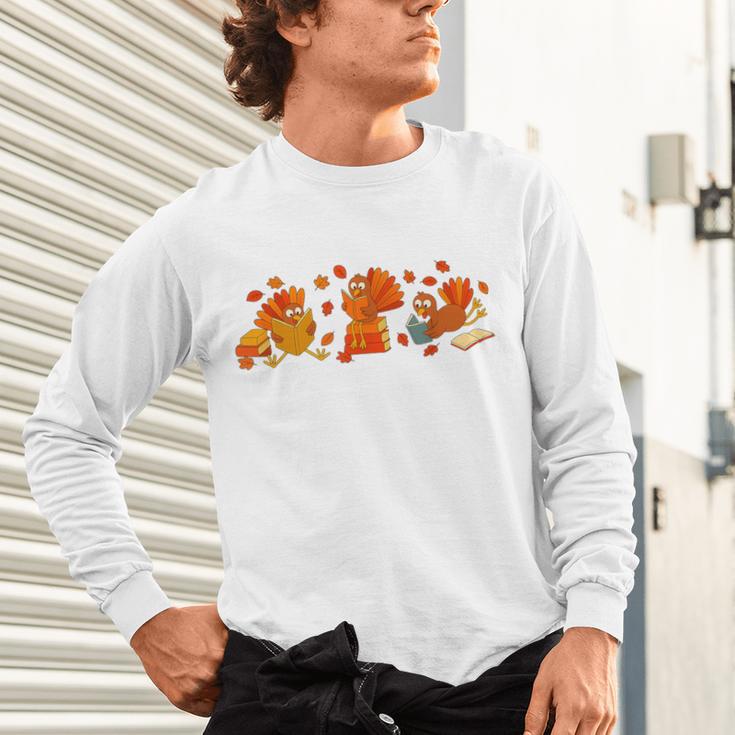 Cute Turkey Reading Book Librarian Bookworm Thanksgiving Men Unisex Long Sleeve T-Shirt
