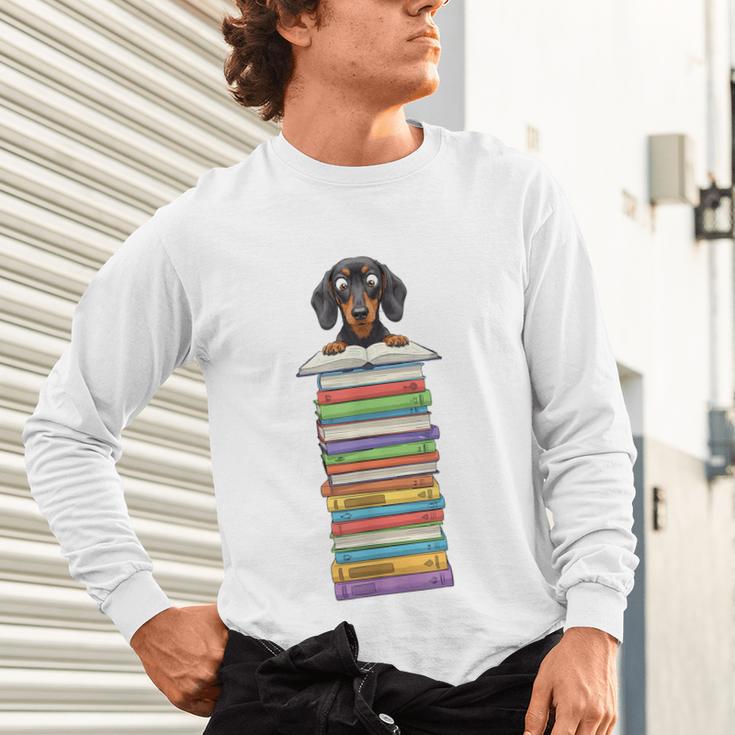 Cute Wiener Dog Dachshund Reading On Pile Of Books Unisex Long Sleeve T-Shirt