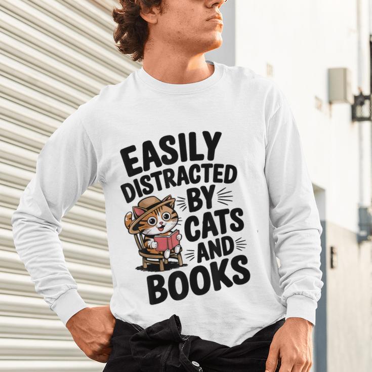 Easily Distracted By Cats And Books Lovers Reading Unisex Long Sleeve T-Shirt
