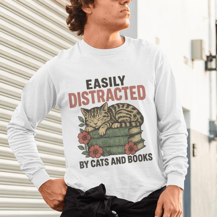 Easily Distracted By Cats And Books Vintage Unisex Long Sleeve T-Shirt Easily Distracted By Cats And Books Vintage Unisex Long Sleeve T-Shirt