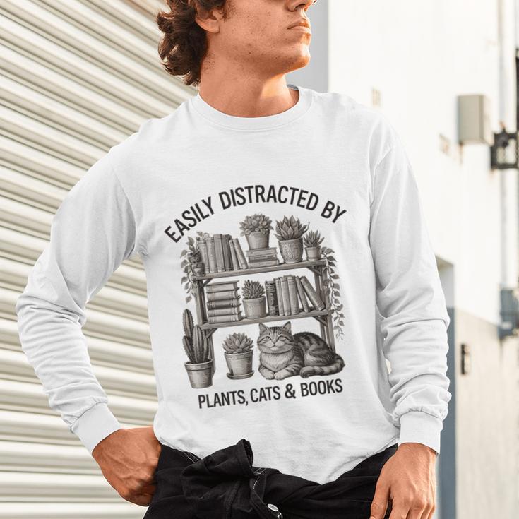 Easily Distracted By Plants Cats & Books Planting Gardening Unisex Long Sleeve T-Shirt