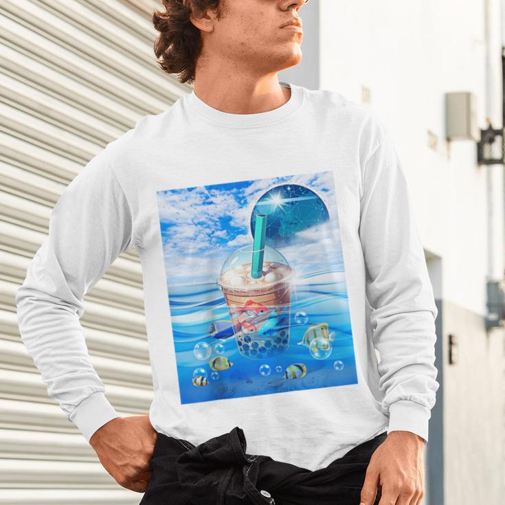 Frutiger Aero Aesthetic Tech Bubble Tea Boba Milktea Fishes Raglan Baseball Tee Unisex Long Sleeve T-Shirt