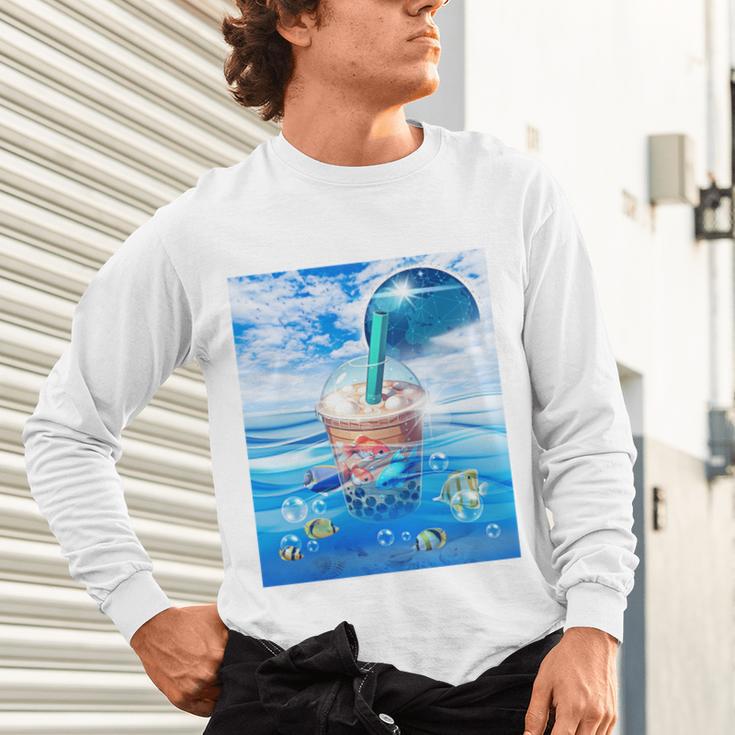 Frutiger Aero Aesthetic Tech Bubble Tea Boba Milktea Fishes Unisex Long Sleeve T-Shirt