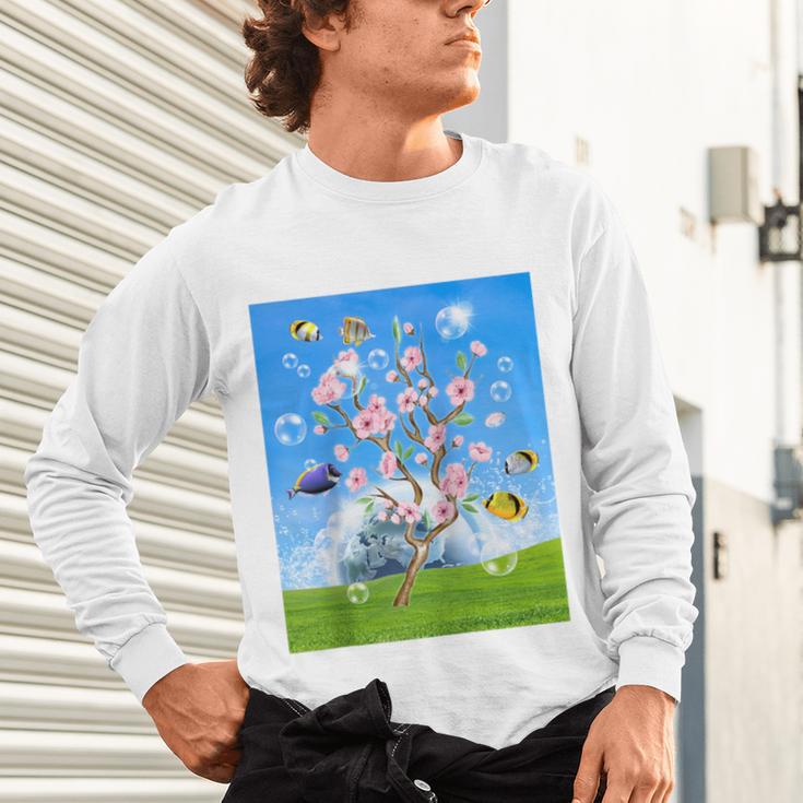 Frutiger Aero Aesthetic Tech Cherry Blossom Fishes Bubbles Raglan Baseball Tee Unisex Long Sleeve T-Shirt