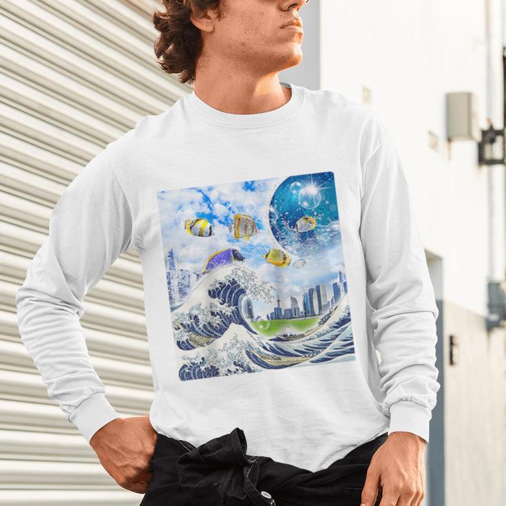 Frutiger Aero Aesthetic Tech Great Wave Of Kanagawa Fishes Raglan Baseball Tee Unisex Long Sleeve T-Shirt