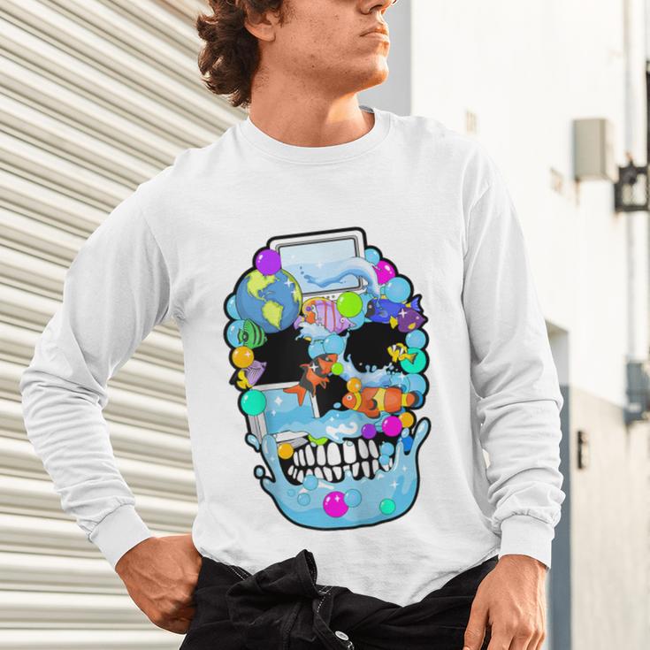 Frutiger Aero Aesthetic Tech Skull Computer Fishes Raglan Baseball Tee Unisex Long Sleeve T-Shirt