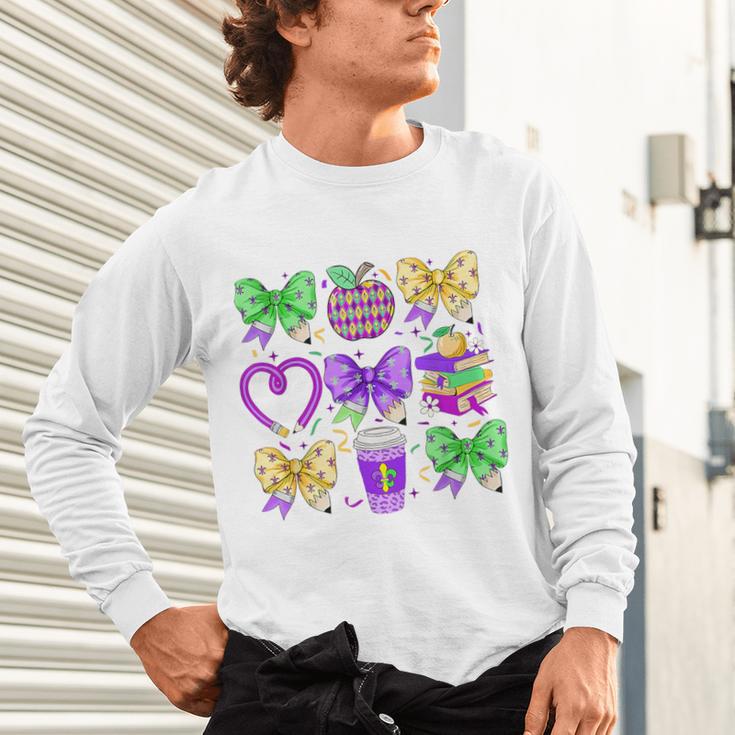 Mardi Gras Teacher Coquette Bow Pencil Apple Book Women Girl Unisex Long Sleeve T-Shirt