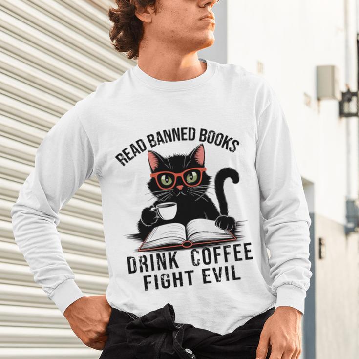 Read Banned Books Drink Coffee Fight Evil Retro Cat Unisex Long Sleeve T-Shirt