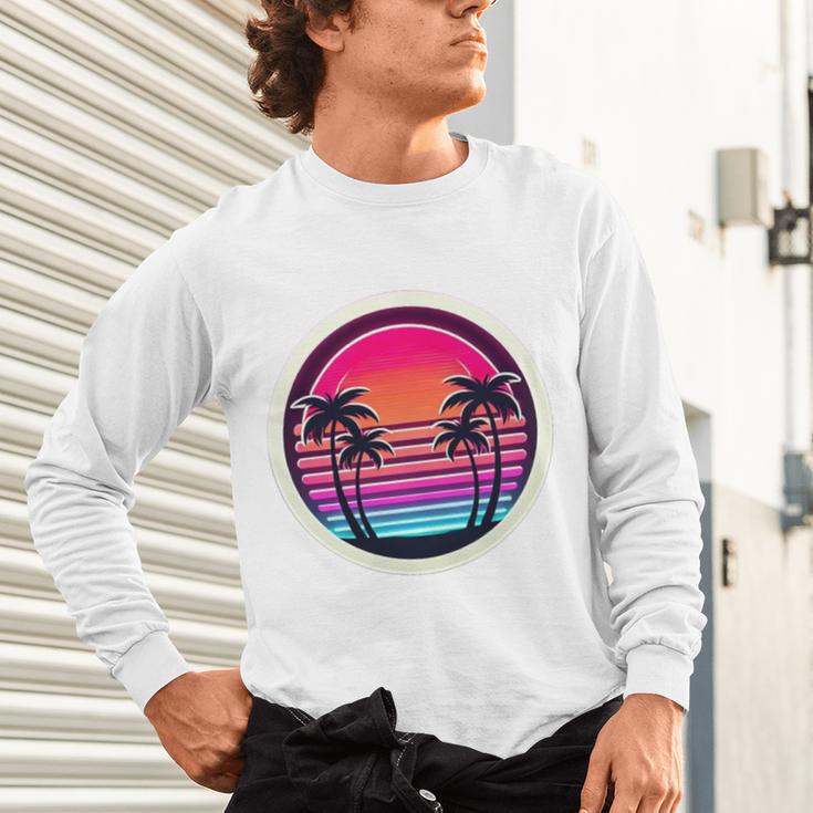 Retro 80s Synthwave Sunset & Palm Trees Retro Nostalgia 80s Unisex Long Sleeve T-Shirt