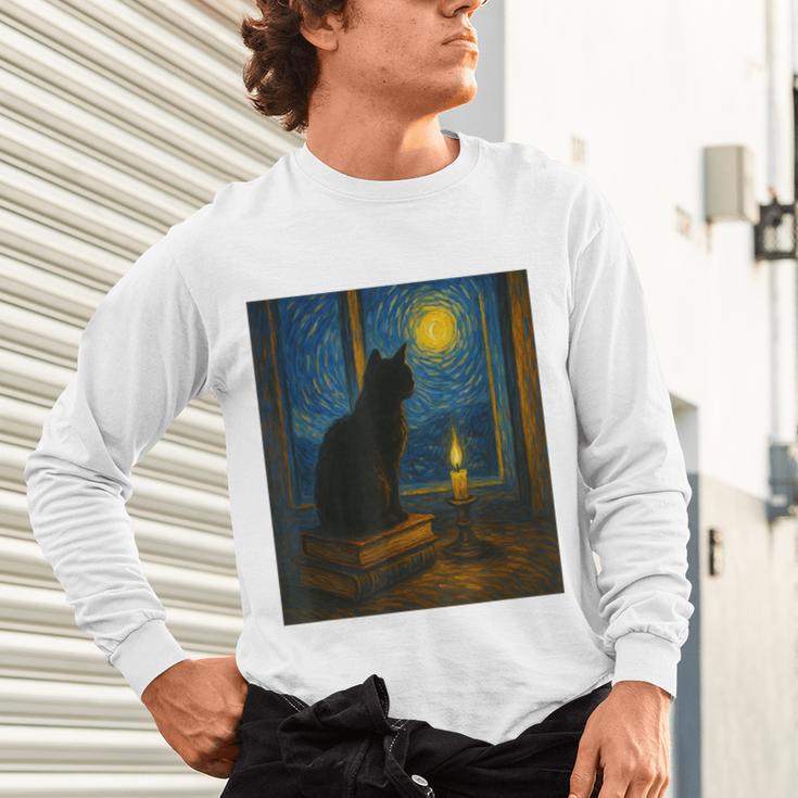 Van Gogh Starry Night Art Cat And Book Lovers Unisex Long Sleeve T-Shirt