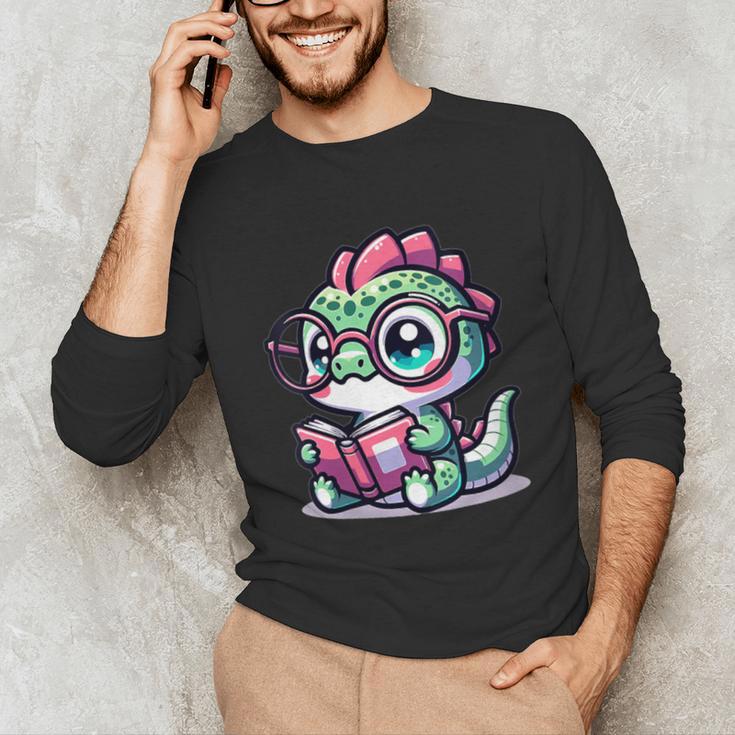Adorable Book Lover Basilisk With Reading Glasses Cute Unisex Long Sleeve T-Shirt