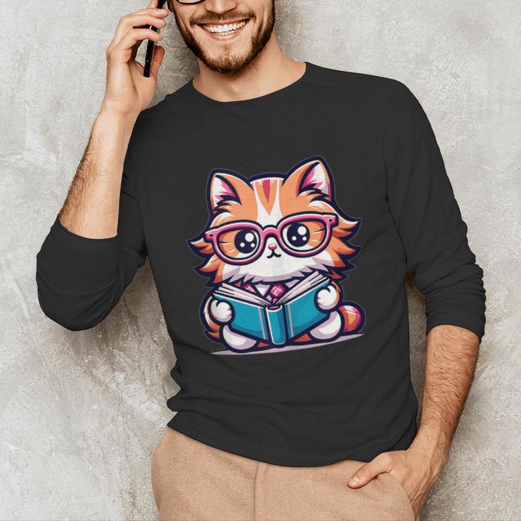 Adorable Book Lover Maine Coon Cat With Reading Glasses Cute Unisex Long Sleeve T-Shirt