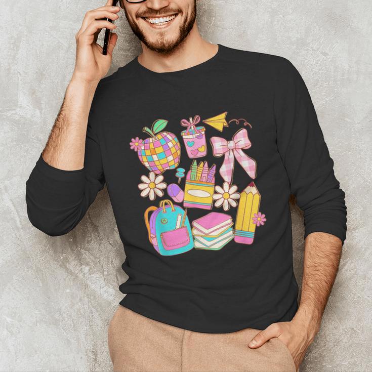 Apple Disco Pencil Books Bow Teacher Student Back To School Unisex Long Sleeve T-Shirt
