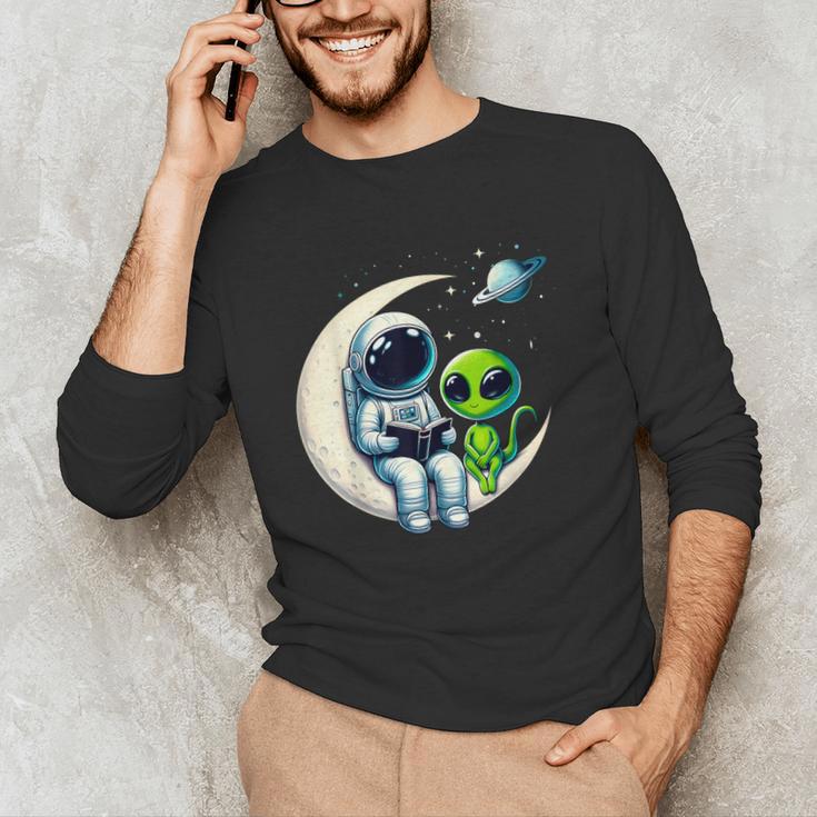 Astronaut Reading Book To Alien Shirt Moon Space Lover Kids Unisex Long Sleeve T-Shirt