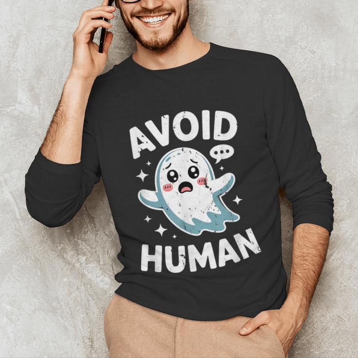 Avoid Humans Cute Kawaii Pastel Ghost Introvert Saying Unisex Long Sleeve T-Shirt