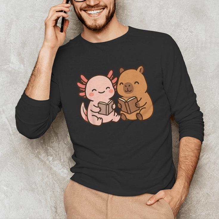 Capybara Axolotl Kawaii Kids Anime Book Lover Reading Unisex Long Sleeve T-Shirt