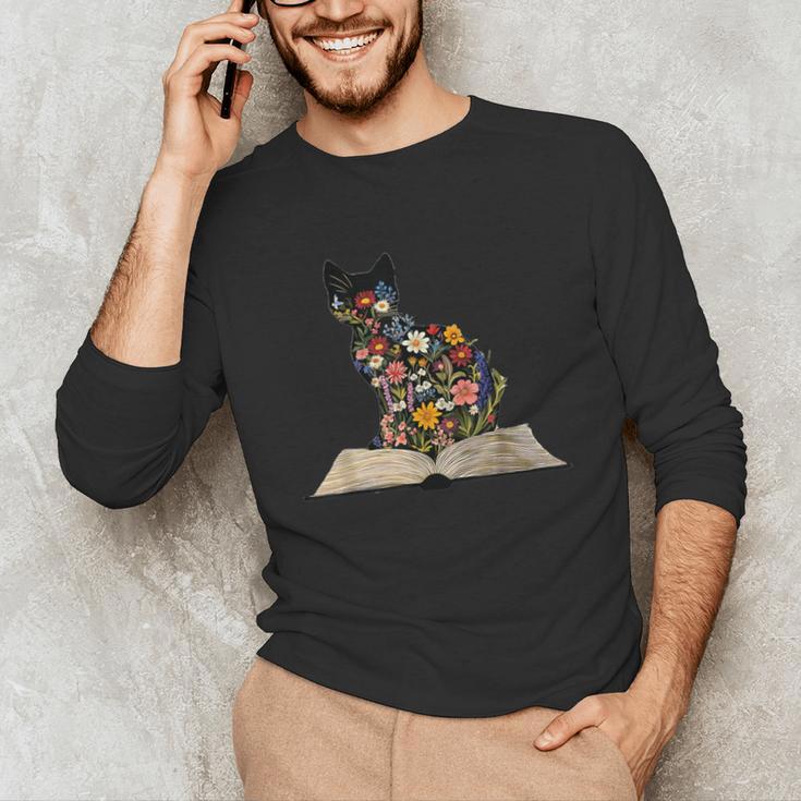 Cat Book Flowers Unisex Long Sleeve T-Shirt
