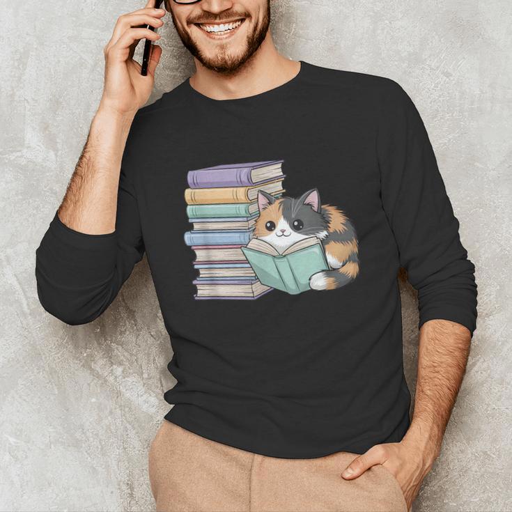 Cat On Books Pets Cats Reading Book Nerd Read Reader Bookcat Unisex Long Sleeve T-Shirt