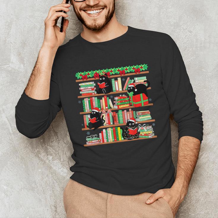 Christmas Cat Santa Bookshelves Book Lover Reader Unisex Long Sleeve T-Shirt